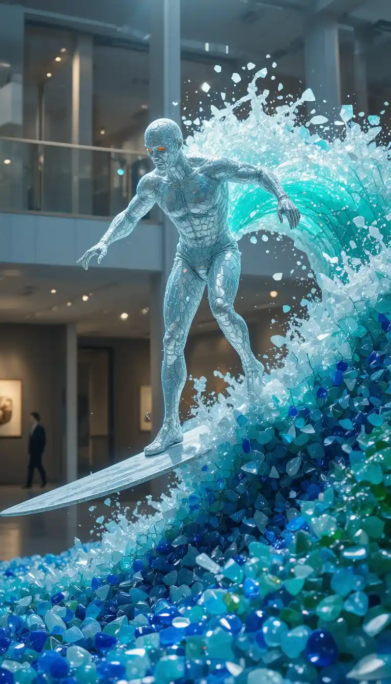 Glas-Superhelden-Skulptur surft auf einer farbenfrohen Kristallwelle