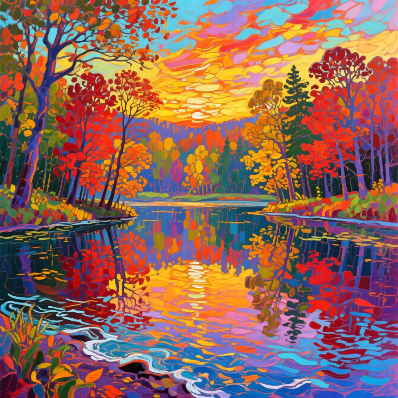 Lac forestier d’automne illuminé sous un ciel de coucher de soleil éclatant