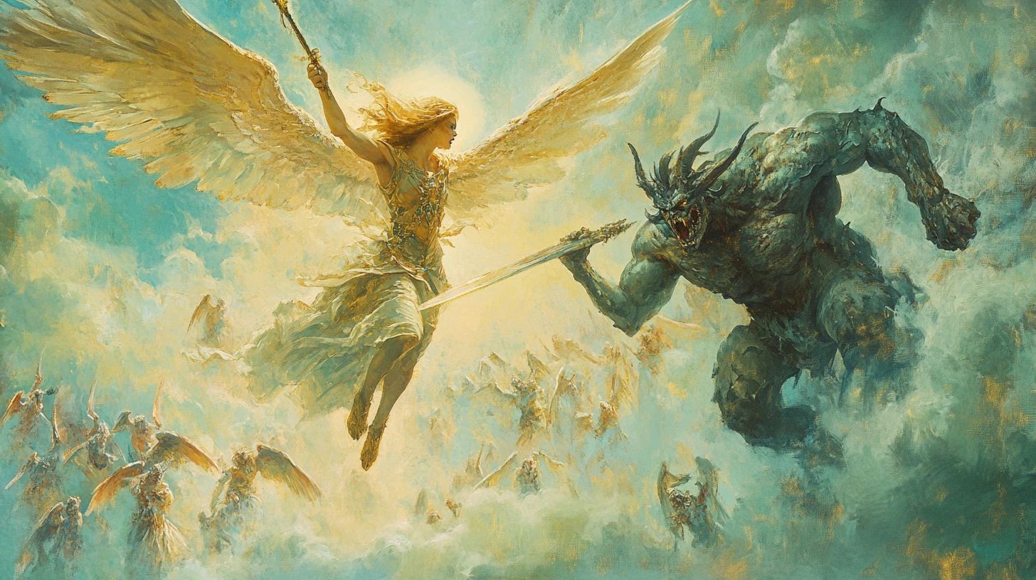 Baroque angel descending with spear to strike cowering demon