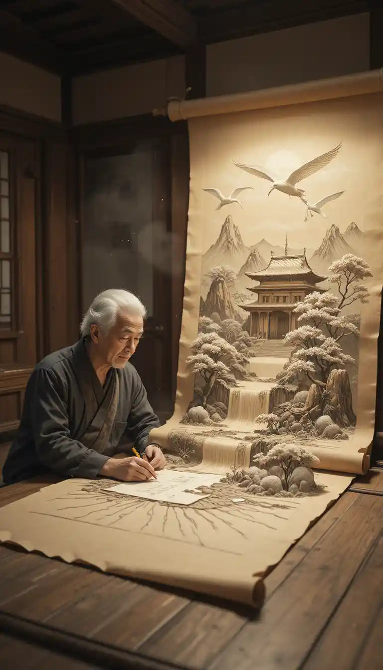 Artista anziano che disegna una scena di tempio in una stanza di legno