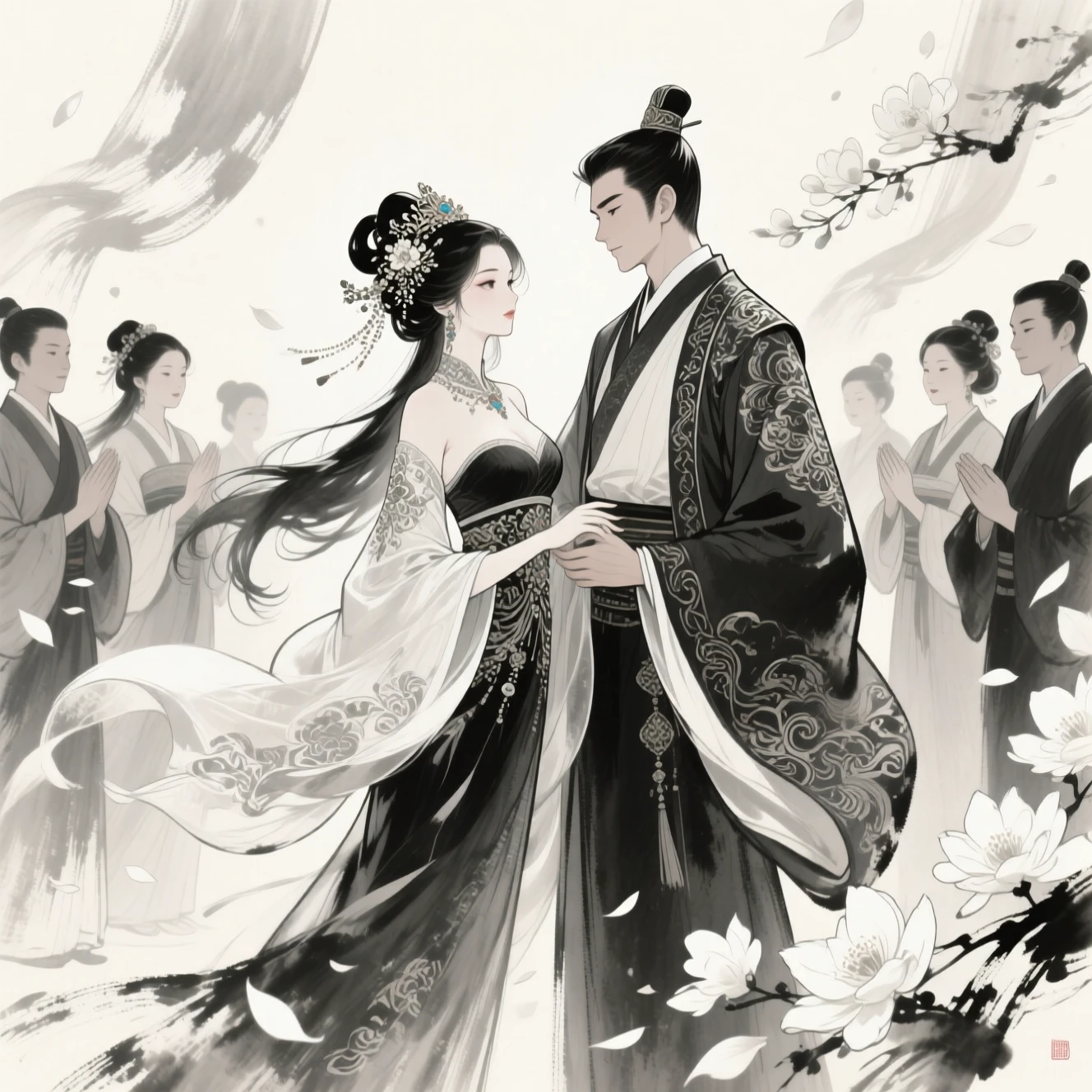 Traditional ink wedding couple surrounded by family