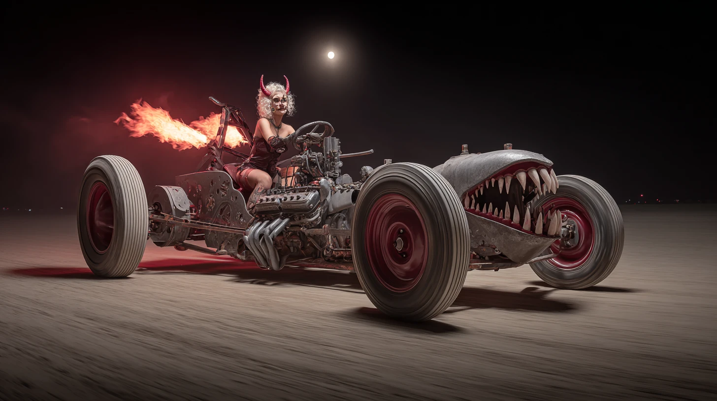 Possessed V8 hot rod engine racing down desert highway