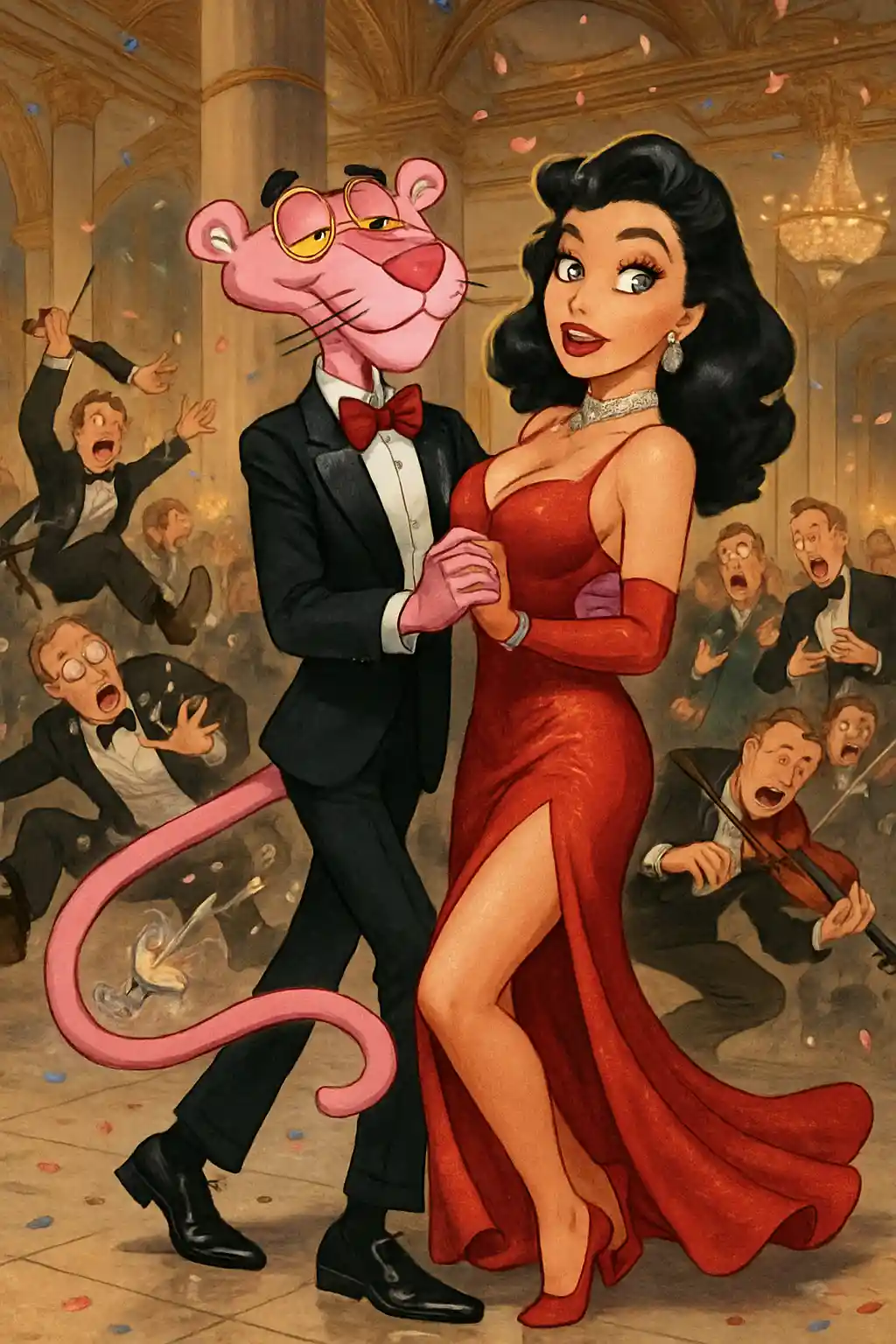 Pink panther ballroom dance chaos with glamorous partner