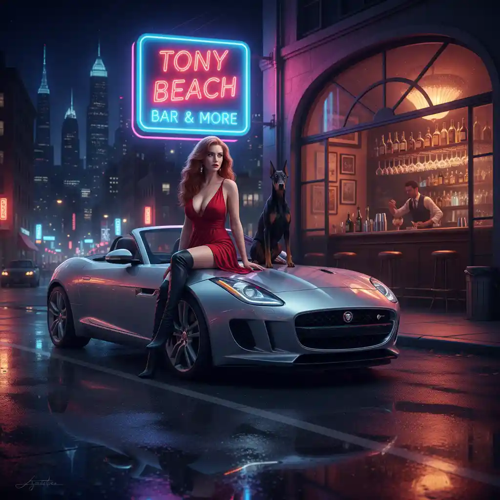 Femme rousse sur cabriolet argenté sous les lumières néon nocturnes