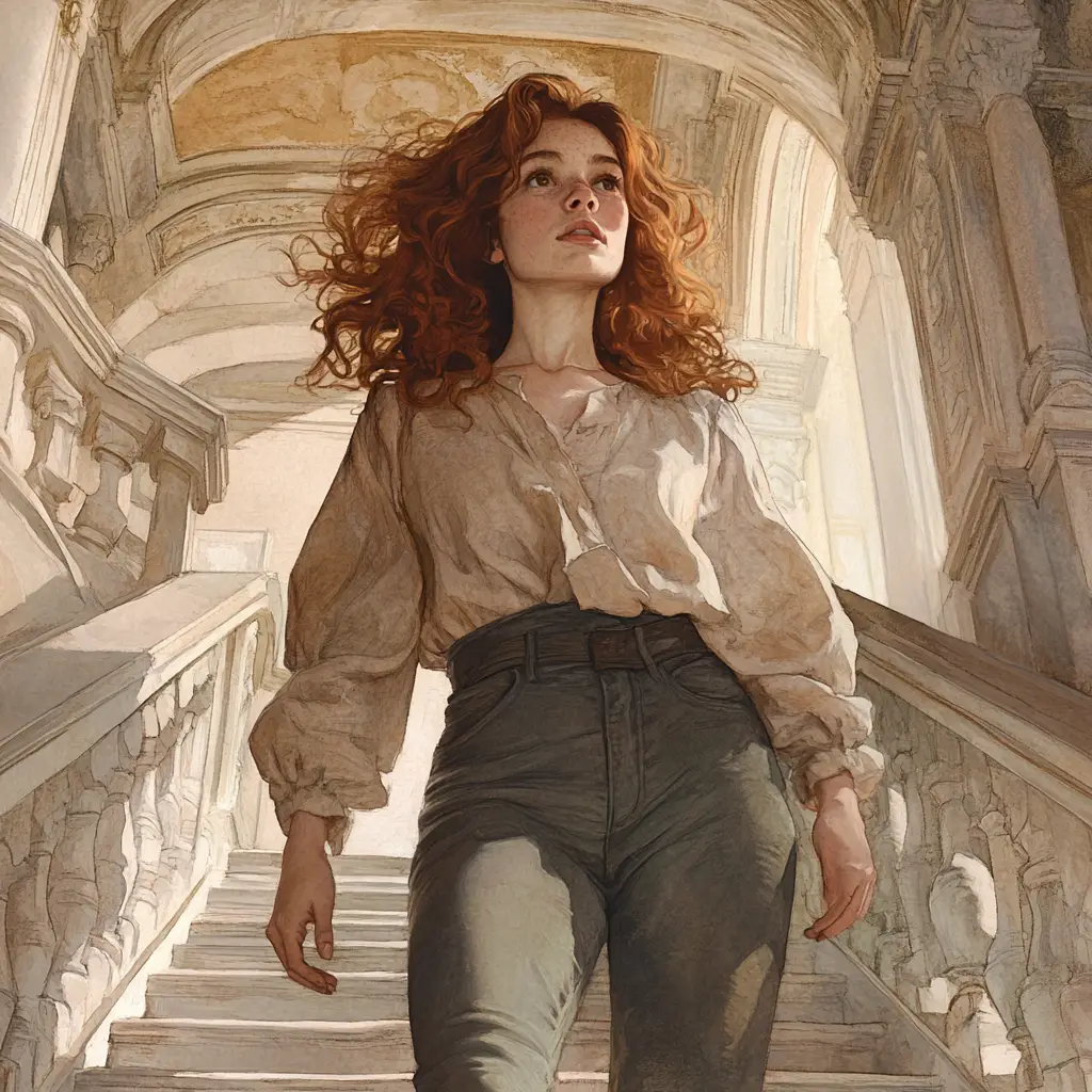 Red haired woman descending a grand marble staircase