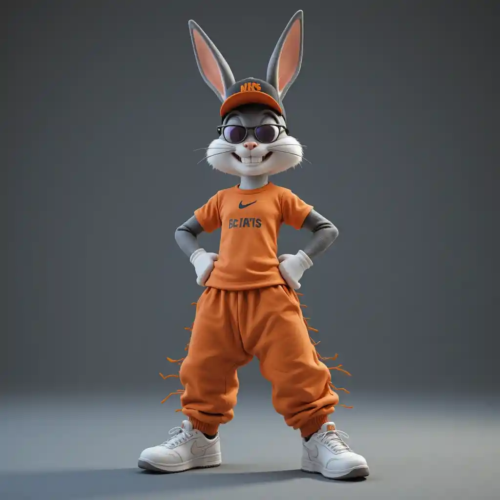 Stylized 3D rabbit in streetwear holding carrot money