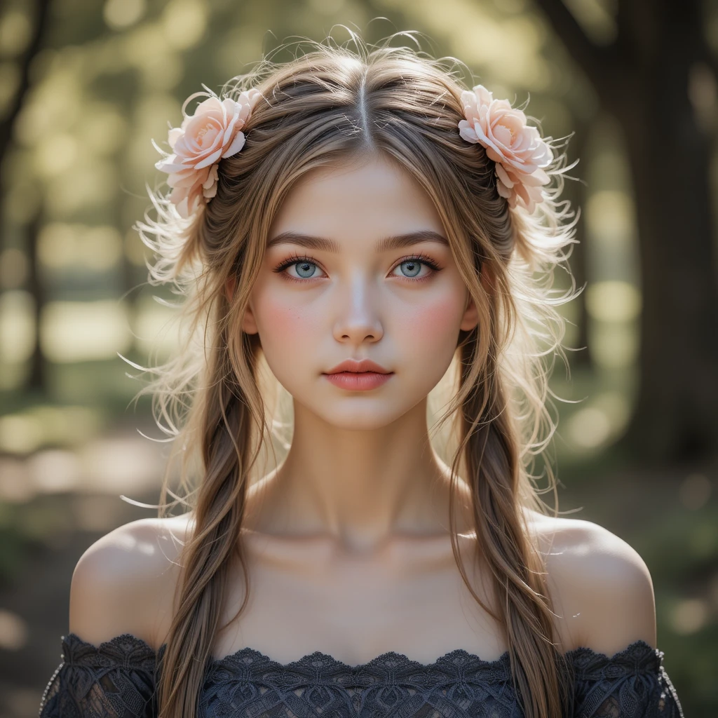 Young woman with blue eyes in a dreamy outdoor portrait