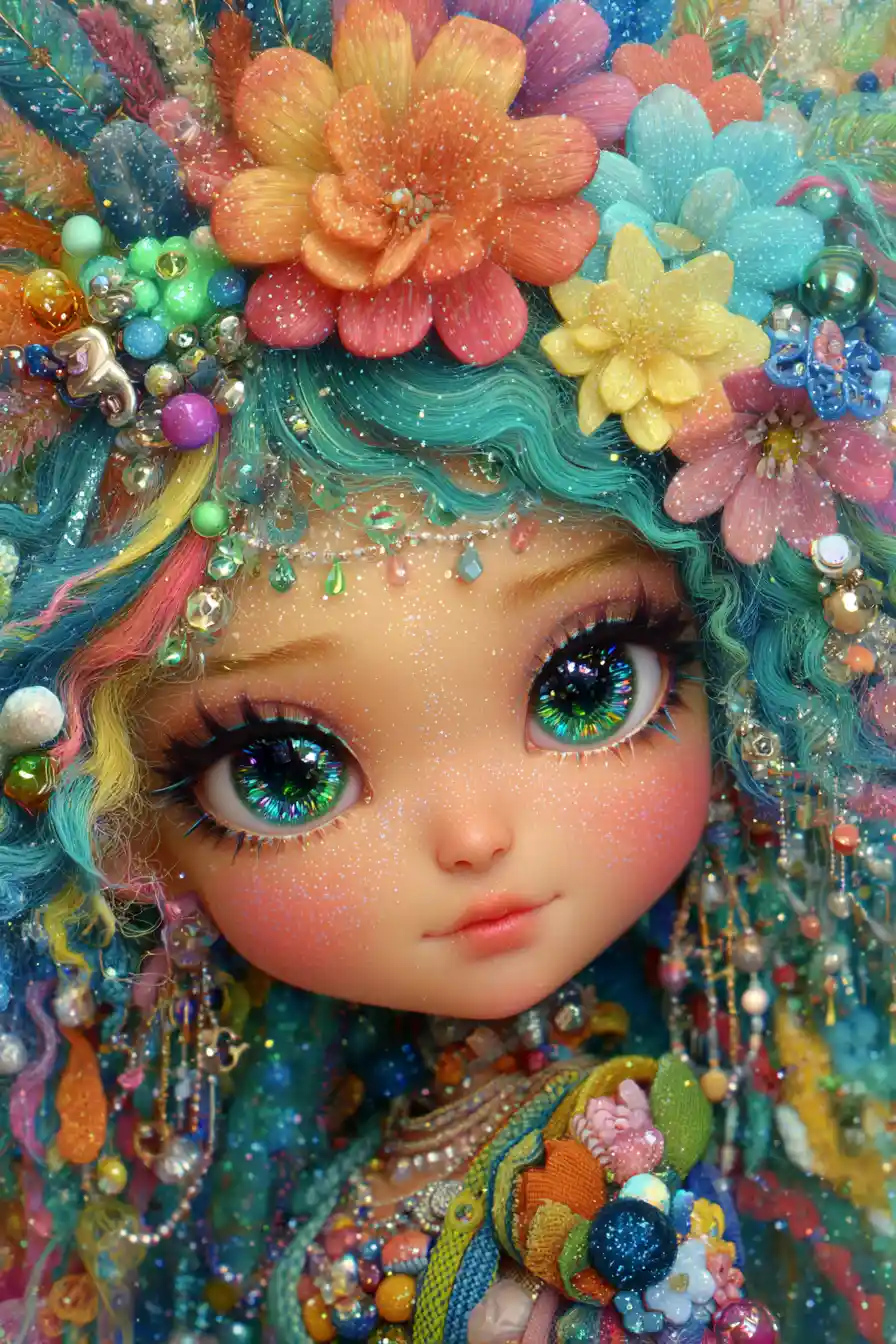 Whimsical fantasy girl portrait with sparkling multicolored eyes