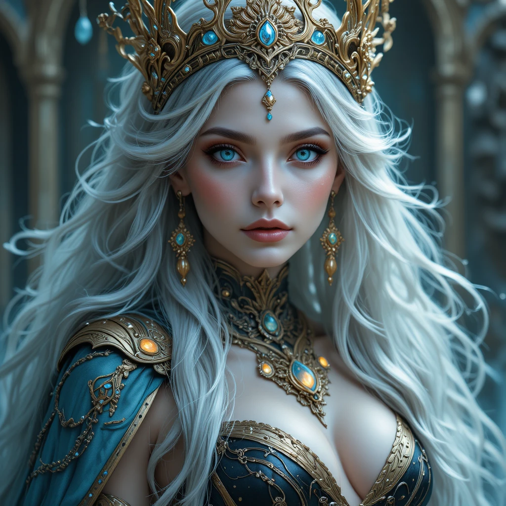 Mystical silver haired queen with glowing jeweled crown