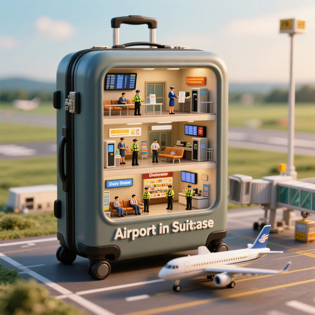 Miniature airport terminal inside an upright travel suitcase