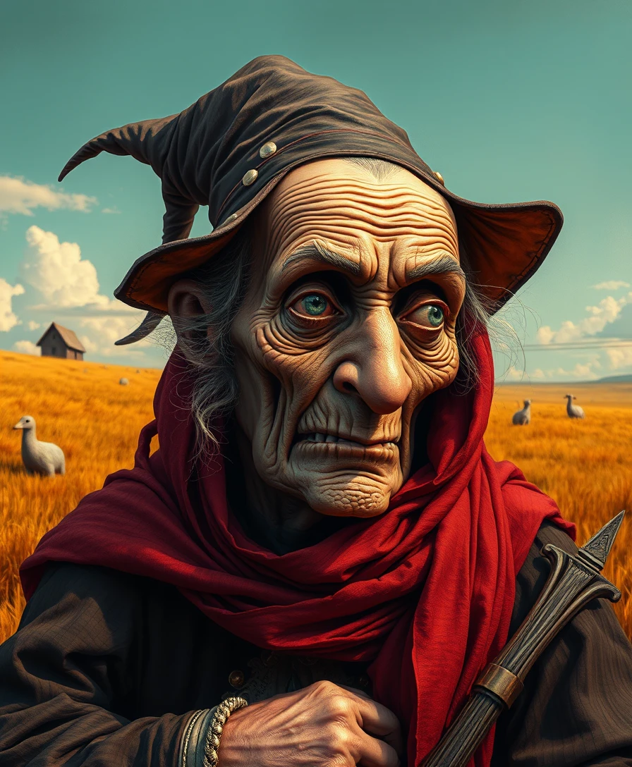 Retrato surreal de una vieja bruja en un estilo de fantasía juguetón