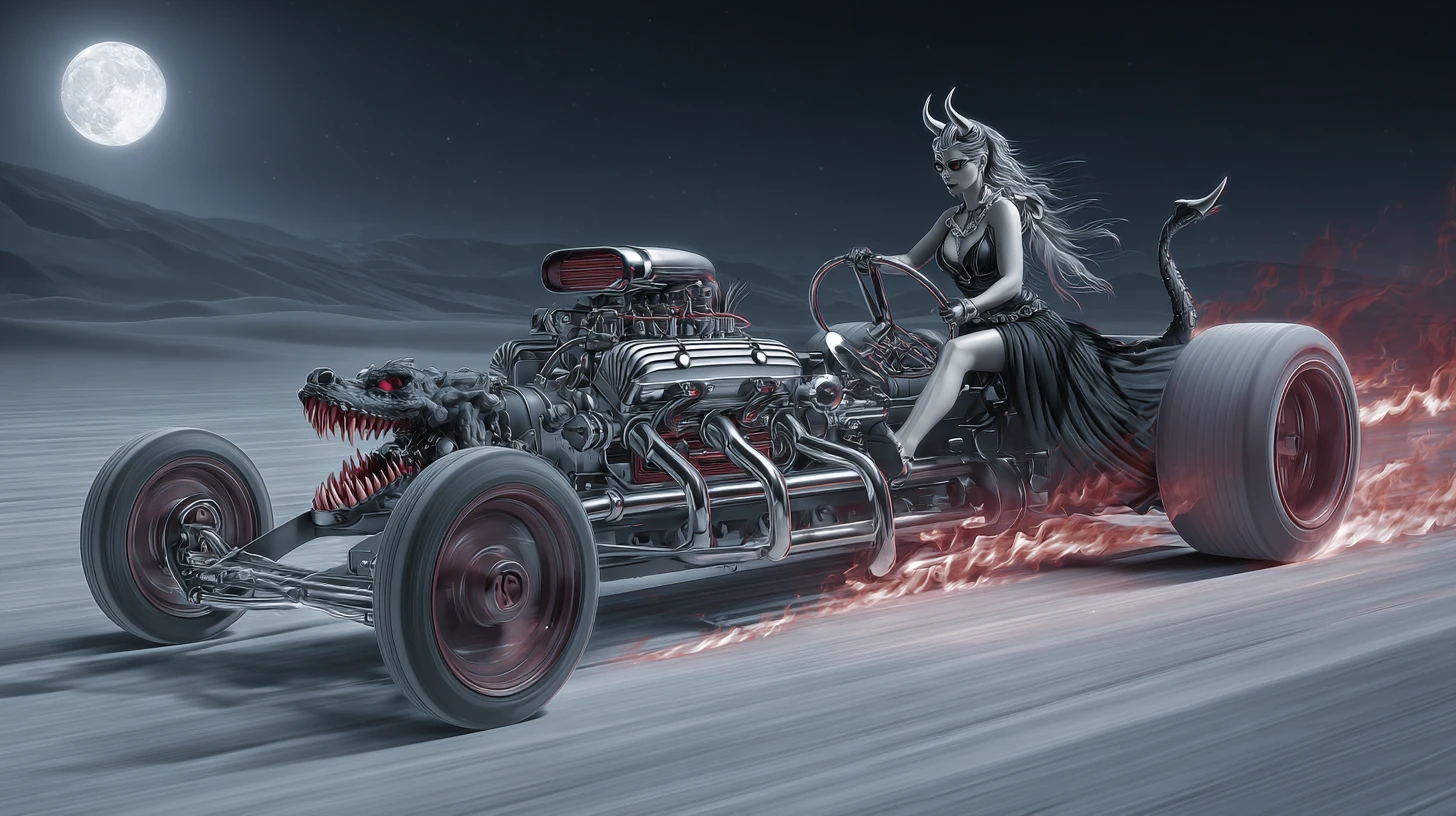 Possessed V8 engine with demon driver on desert highway