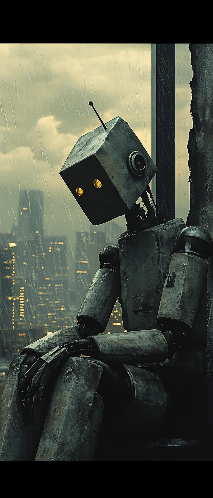 Melancholic robot sitting in a bleak industrial interior