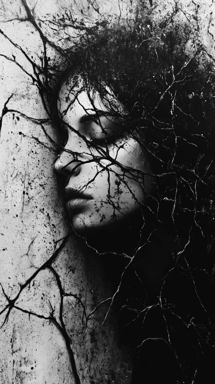 Ethereal woman emerging from a decaying wall in ink shadows