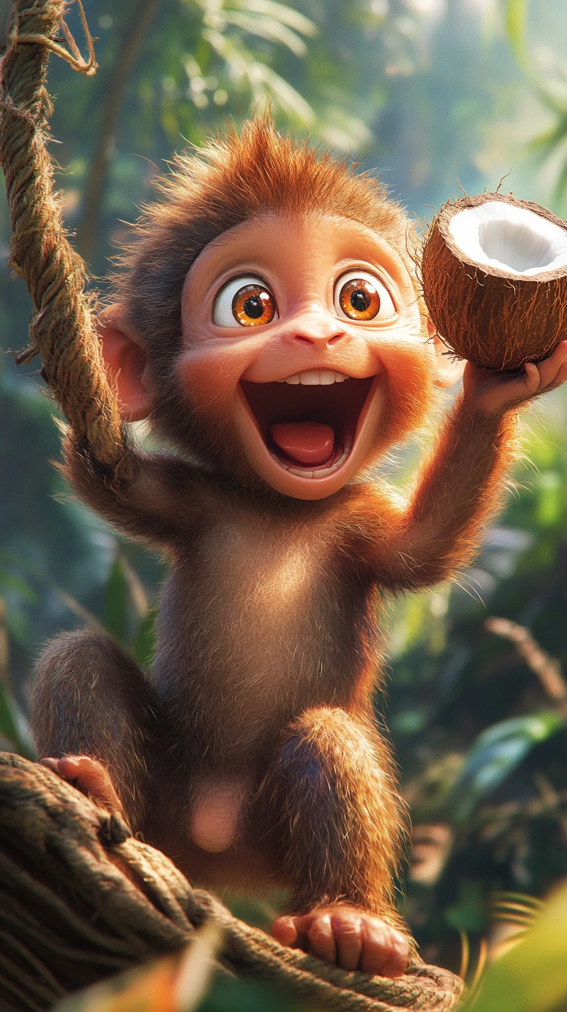 Joyful baby monkey holding a coconut in cartoon style