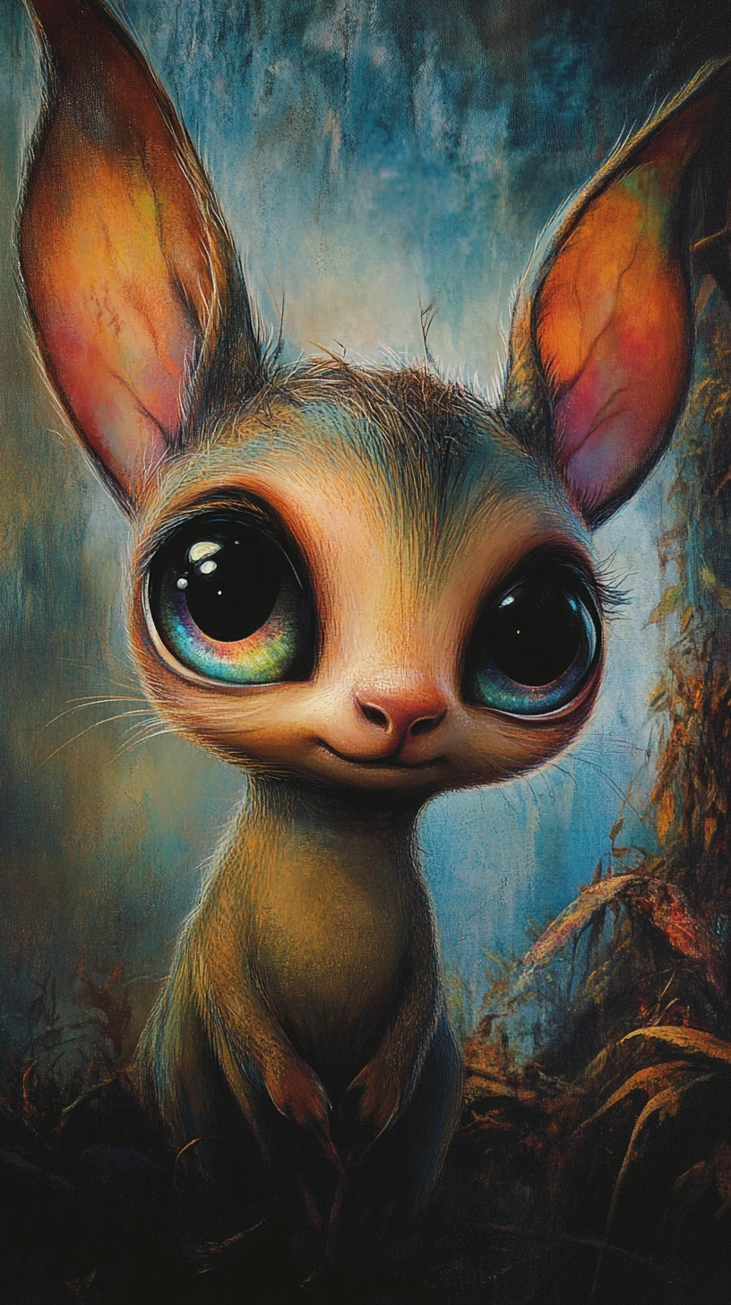 Baby creature with shimmering gradient eyes in soft illustration