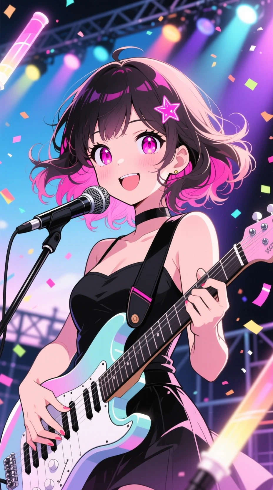 Anime singer girl with keytar on colorful concert stage