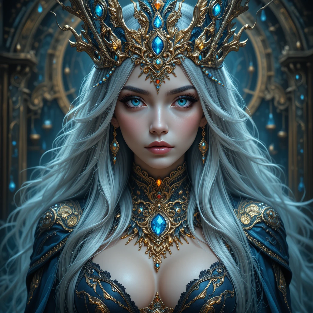 Mystical silver haired queen with glowing jeweled crown