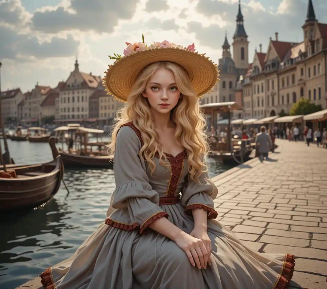 Young girl on a medieval pier in warm summer sunlight