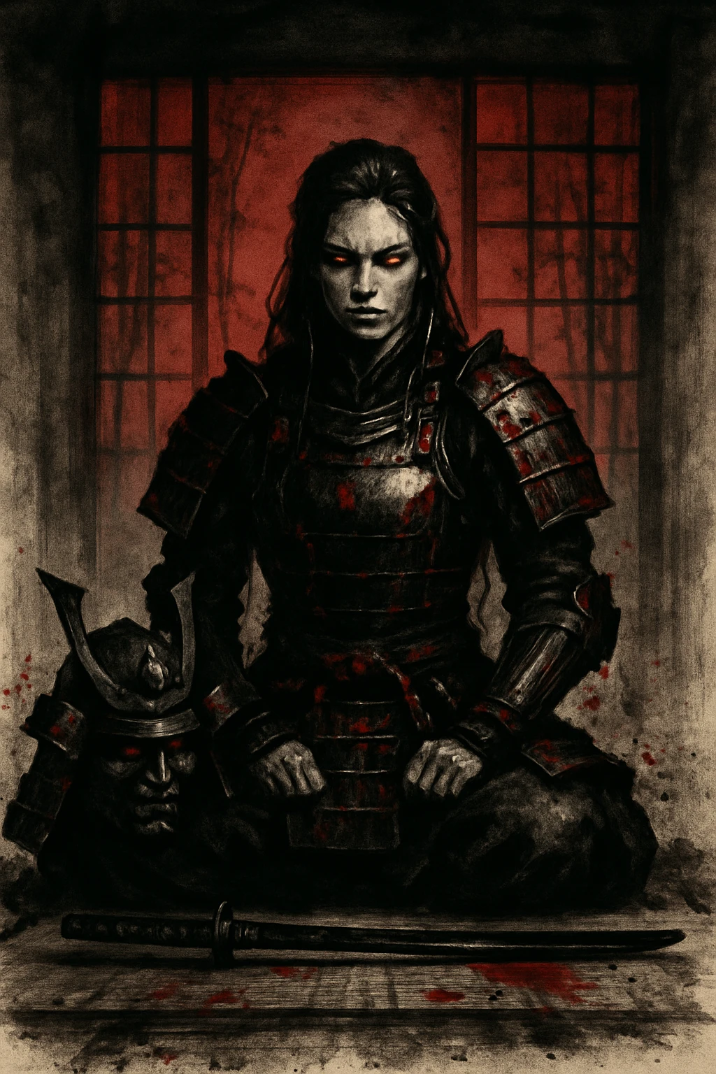 Samurai woman kneeling in armor on tatami floor