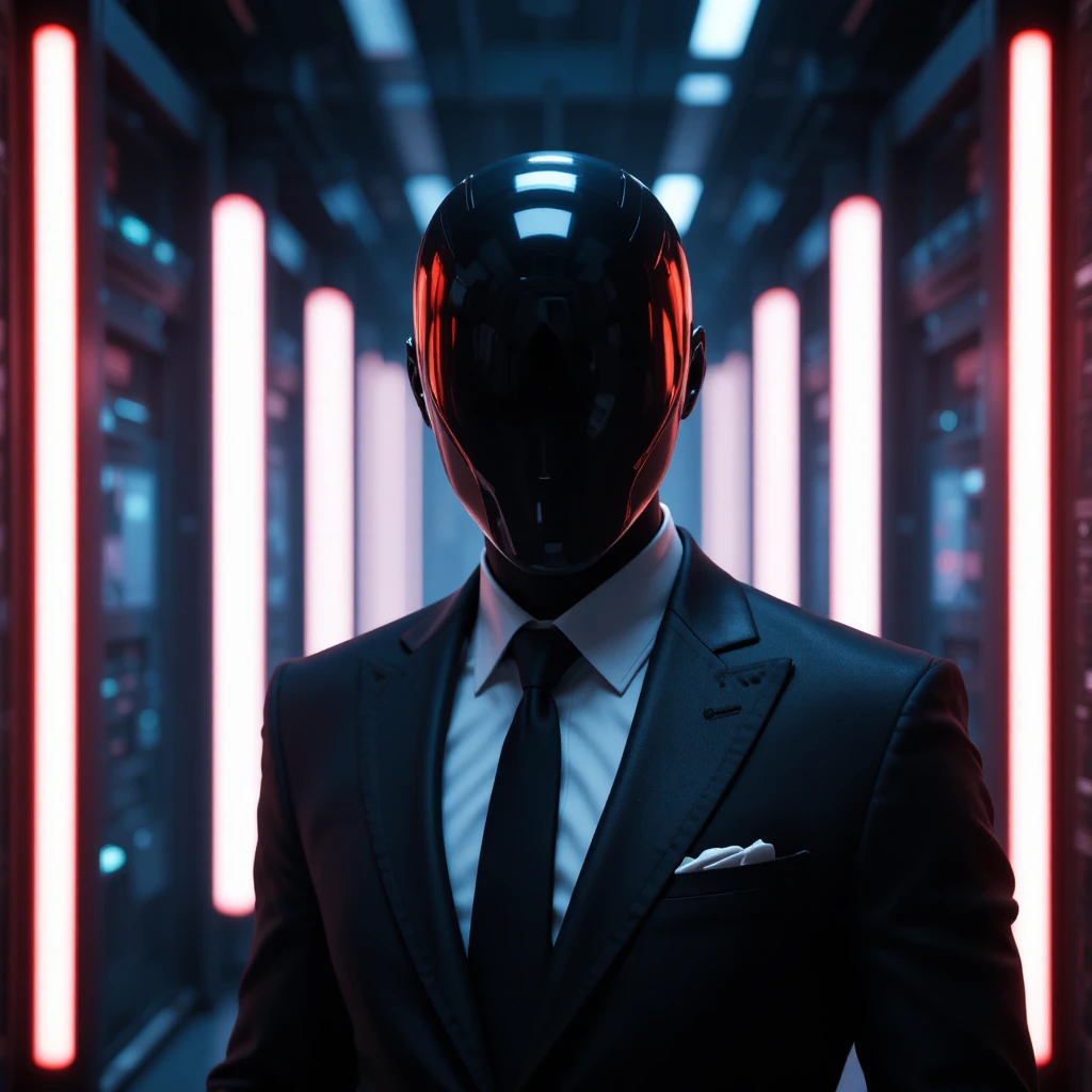 Masked figure in black suit in neon data center