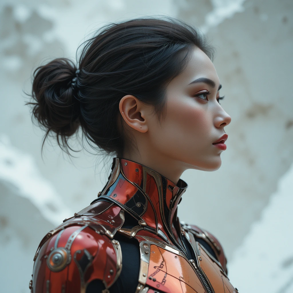Futuristic profile portrait in a metallic segmented suit