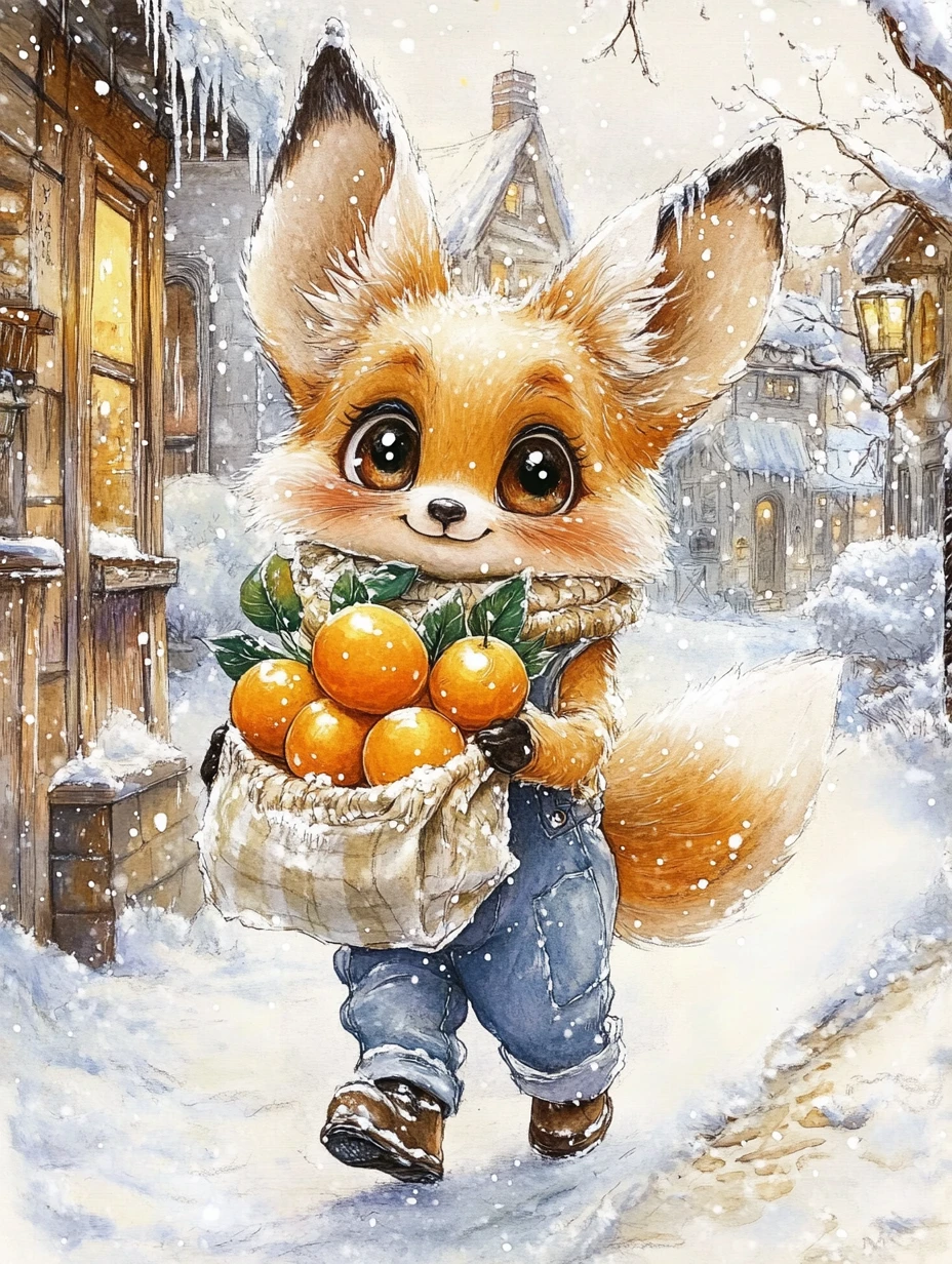 Cute fennec fox walking through a sunny winter village