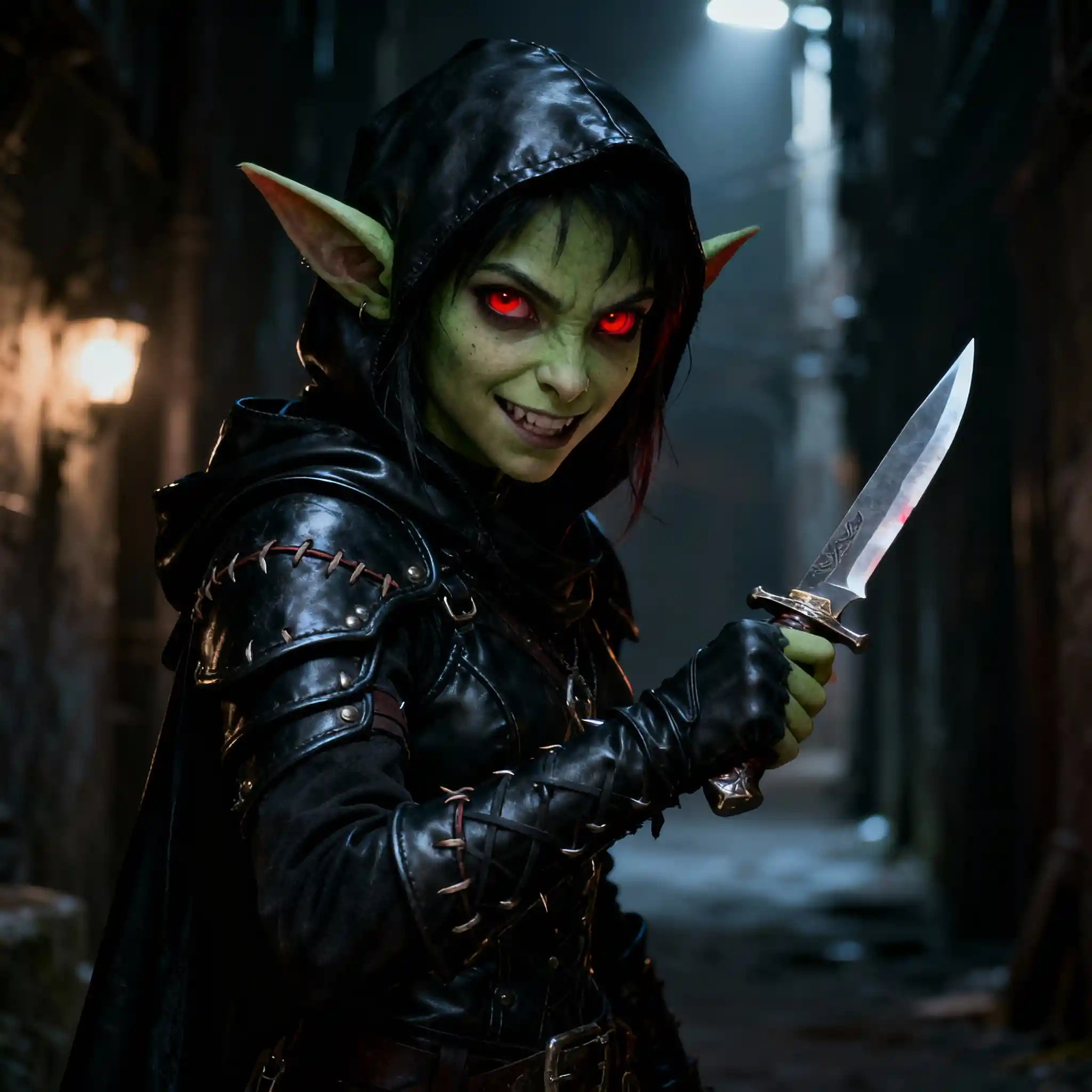 Ragazza goblin ladra dark fantasy con occhi rossi