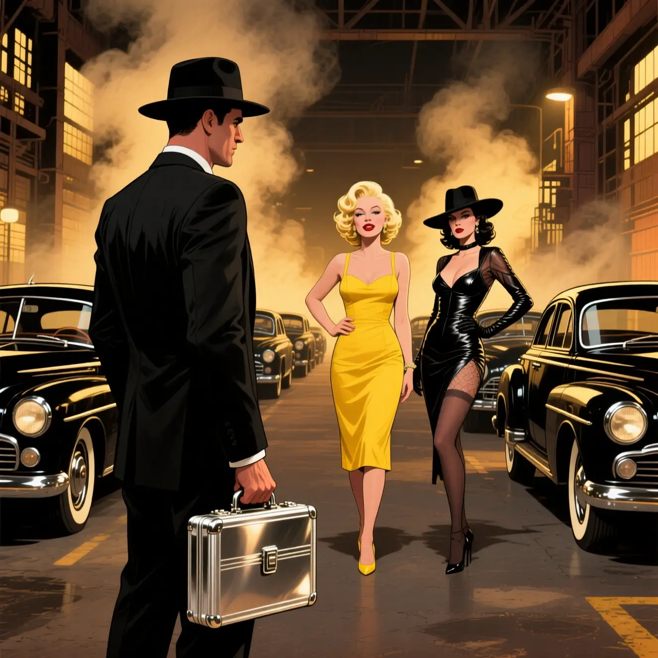 Elegant couple in black suit and hat on industrial street