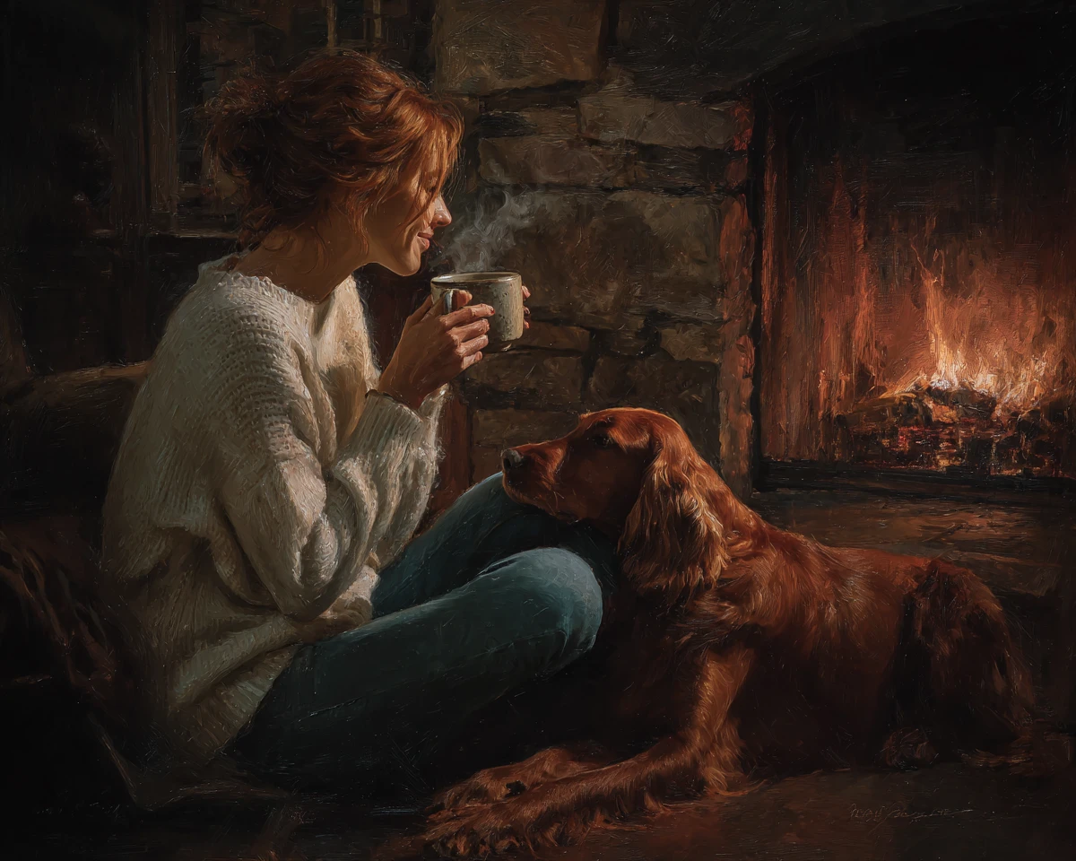 Femme se détendant près de la cheminée avec son chien et un café