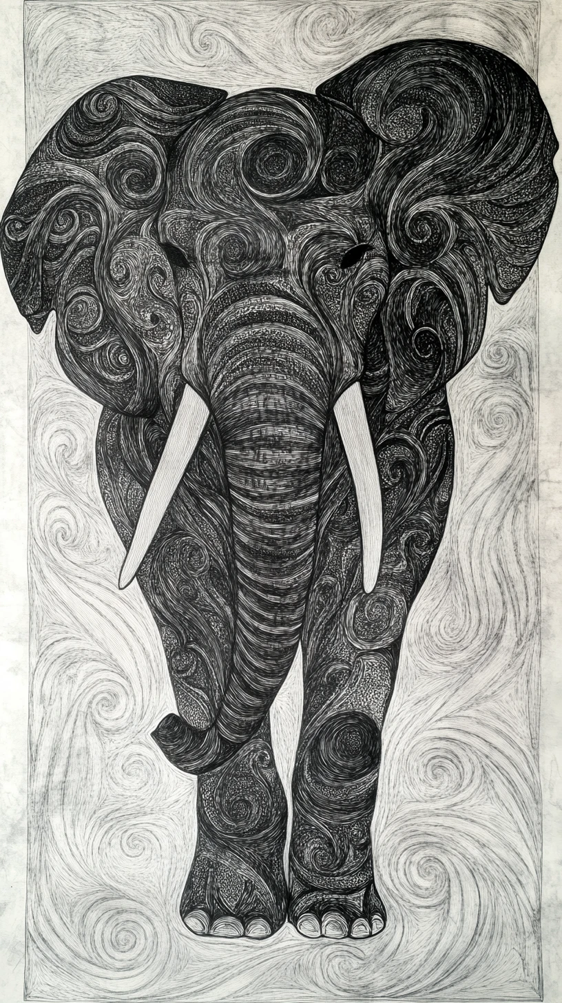 Silhouette Mistica di Elefante con Motivi a Inchiostro Yin Yang