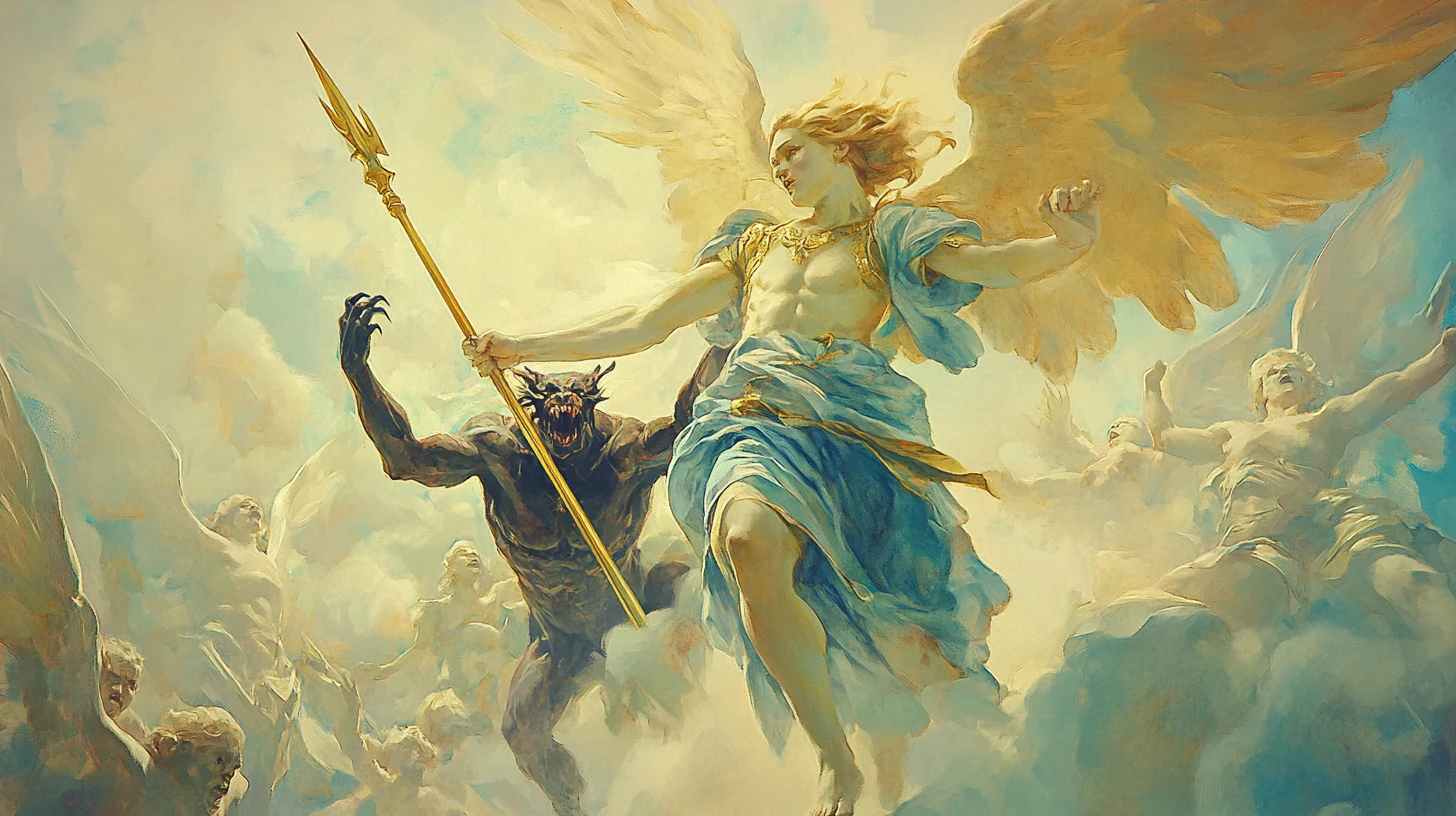 Avenging angel with holy spear battles demon in baroque sky