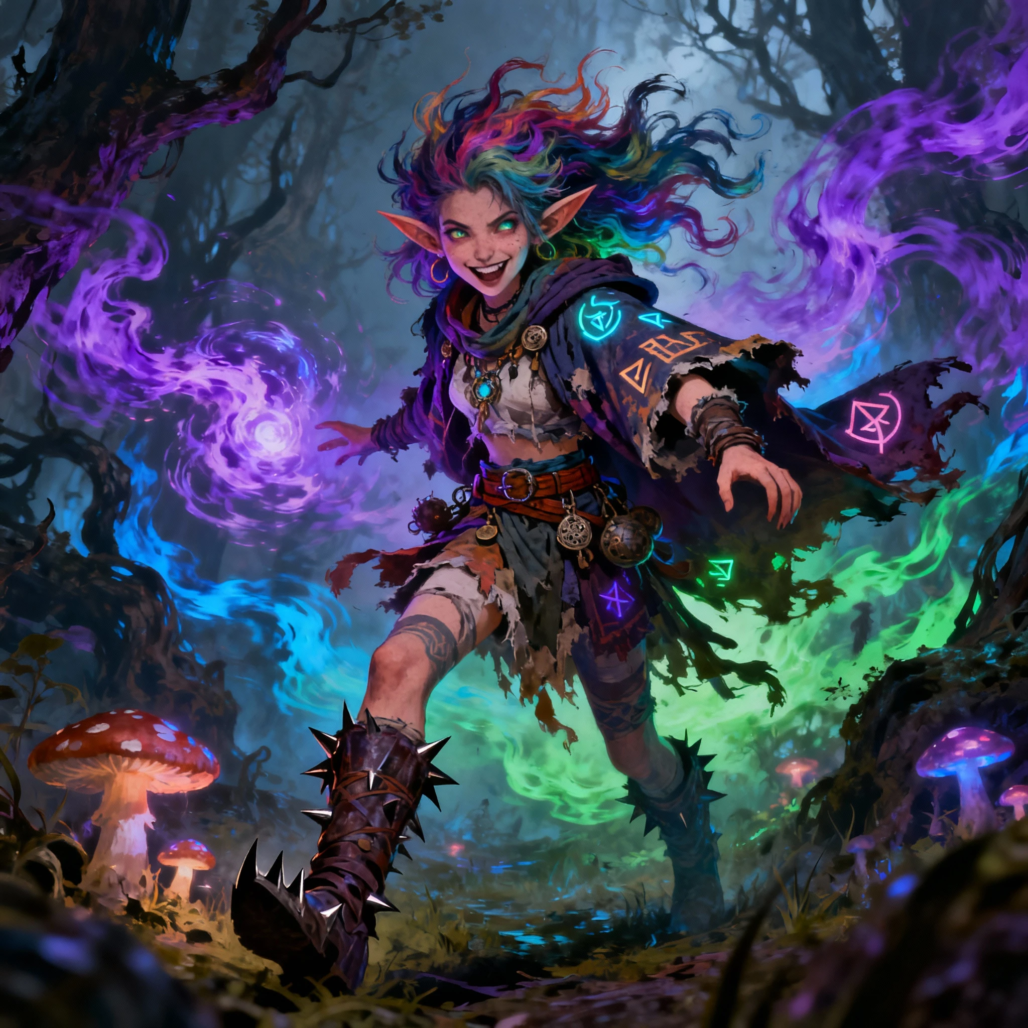 Wild elf sorceress with colorful hair and magic aura