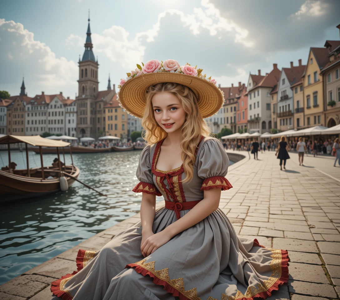 Young girl on a medieval pier in warm summer sunlight
