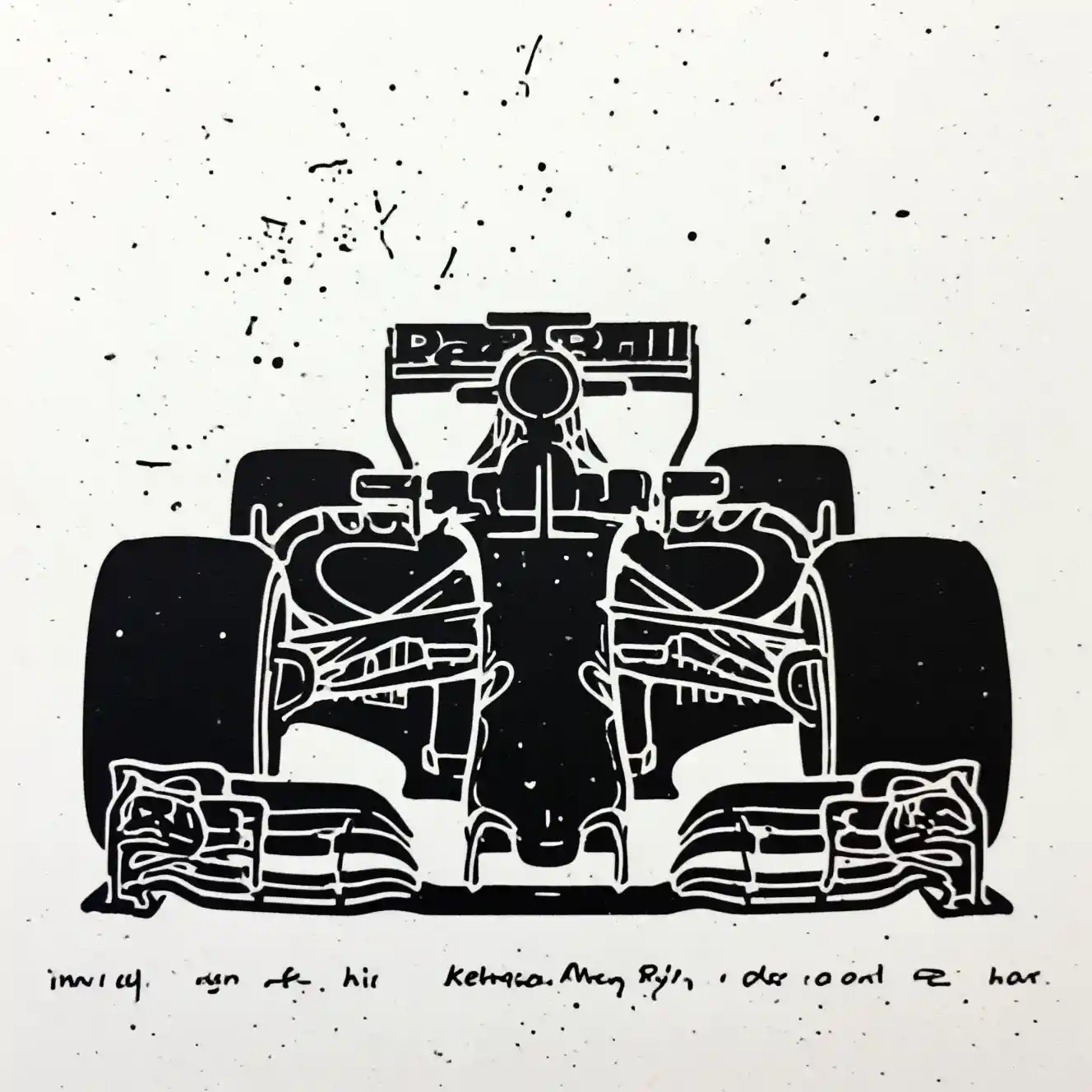 Linogravure minimaliste d’une élégante voiture de course de Formule 1 noire