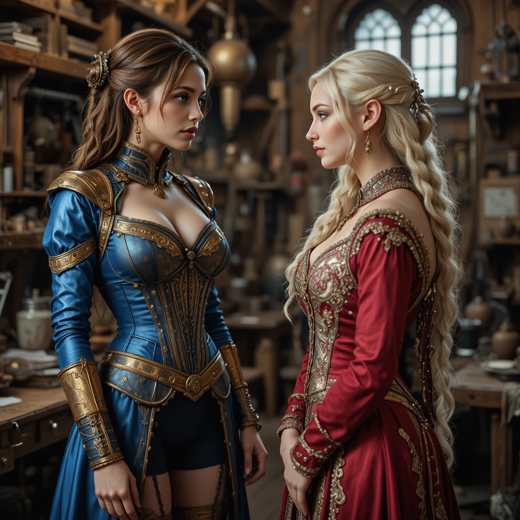 Femme steampunk dans un atelier industriel détaillé