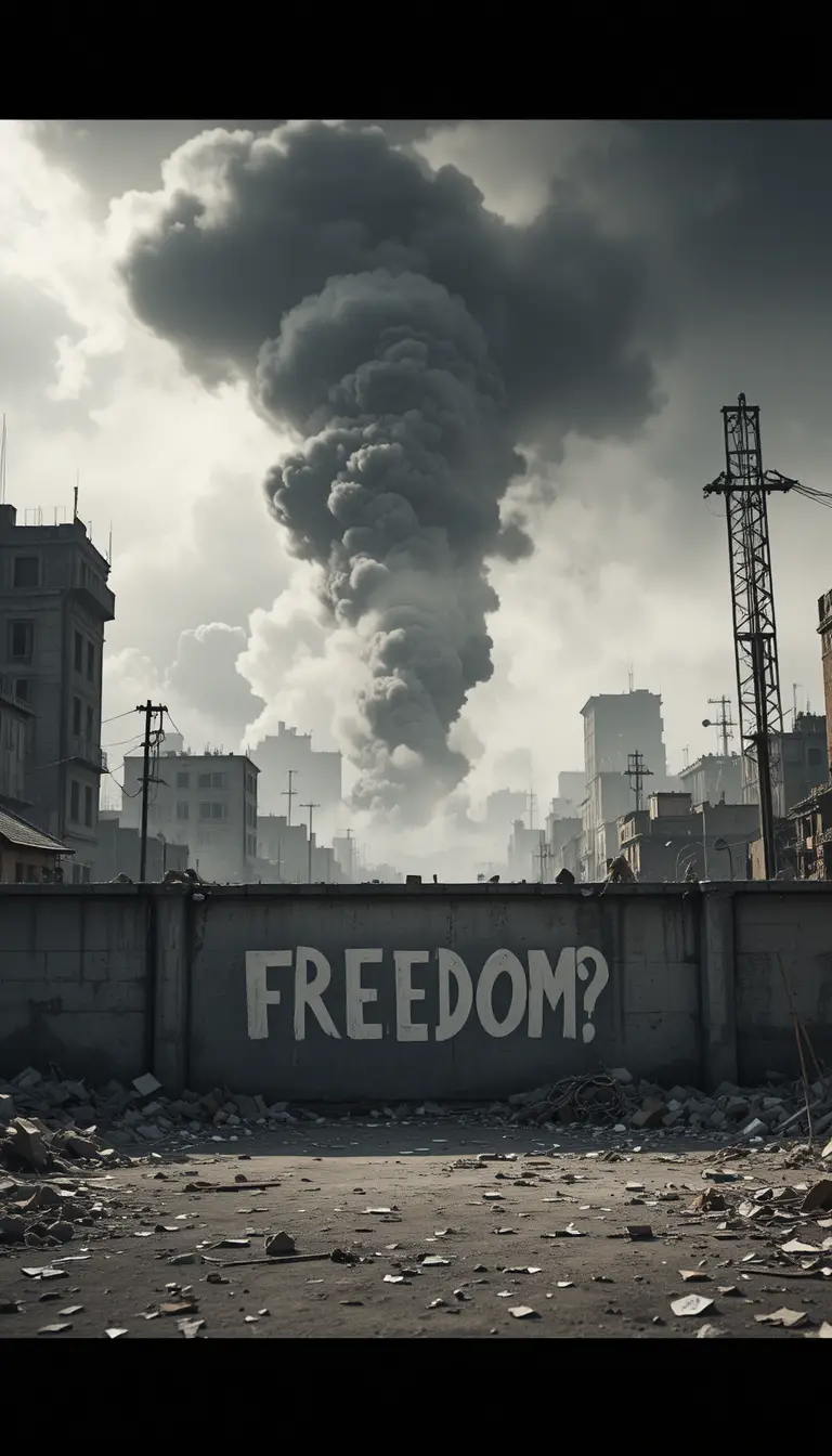 Bleak war torn city wall with a fading freedom question