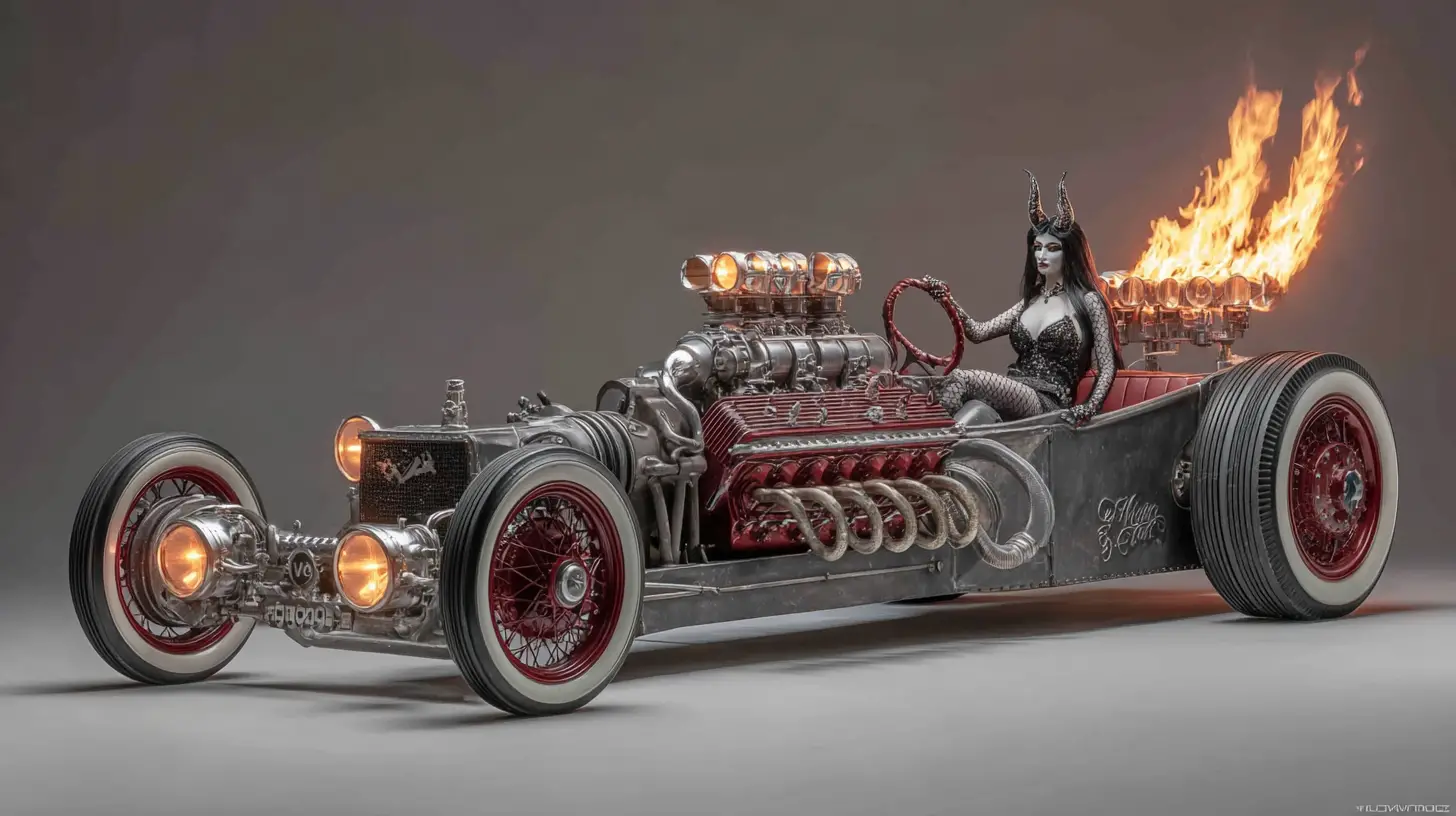 Motor V8 poseído con conductora demonio en forma de fuego