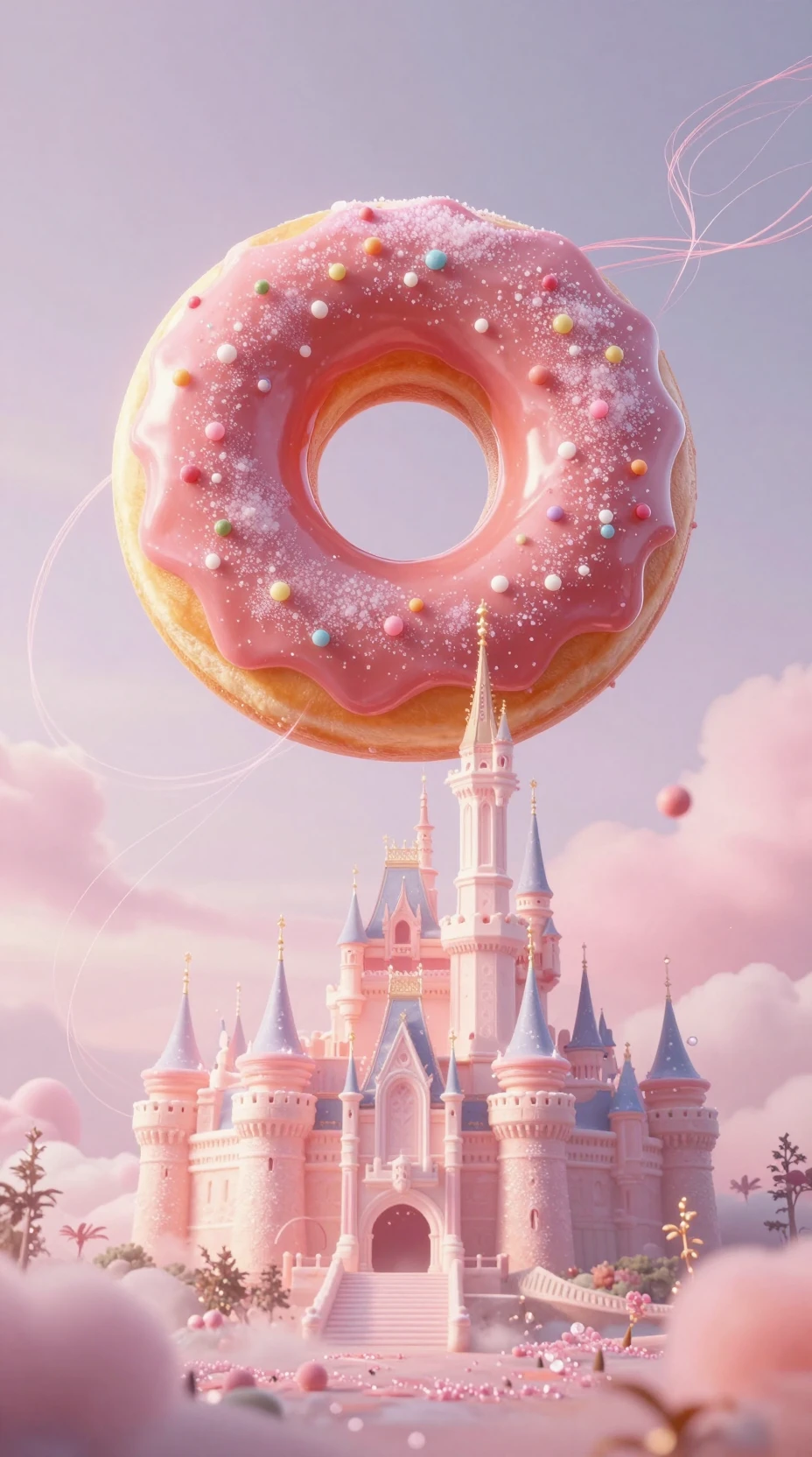 Floating donut realm bathed in a soft pink aura