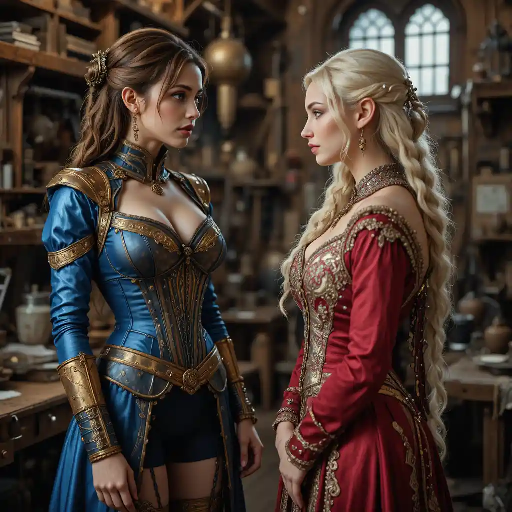 Steampunk woman standing in a detailed industrial workshop