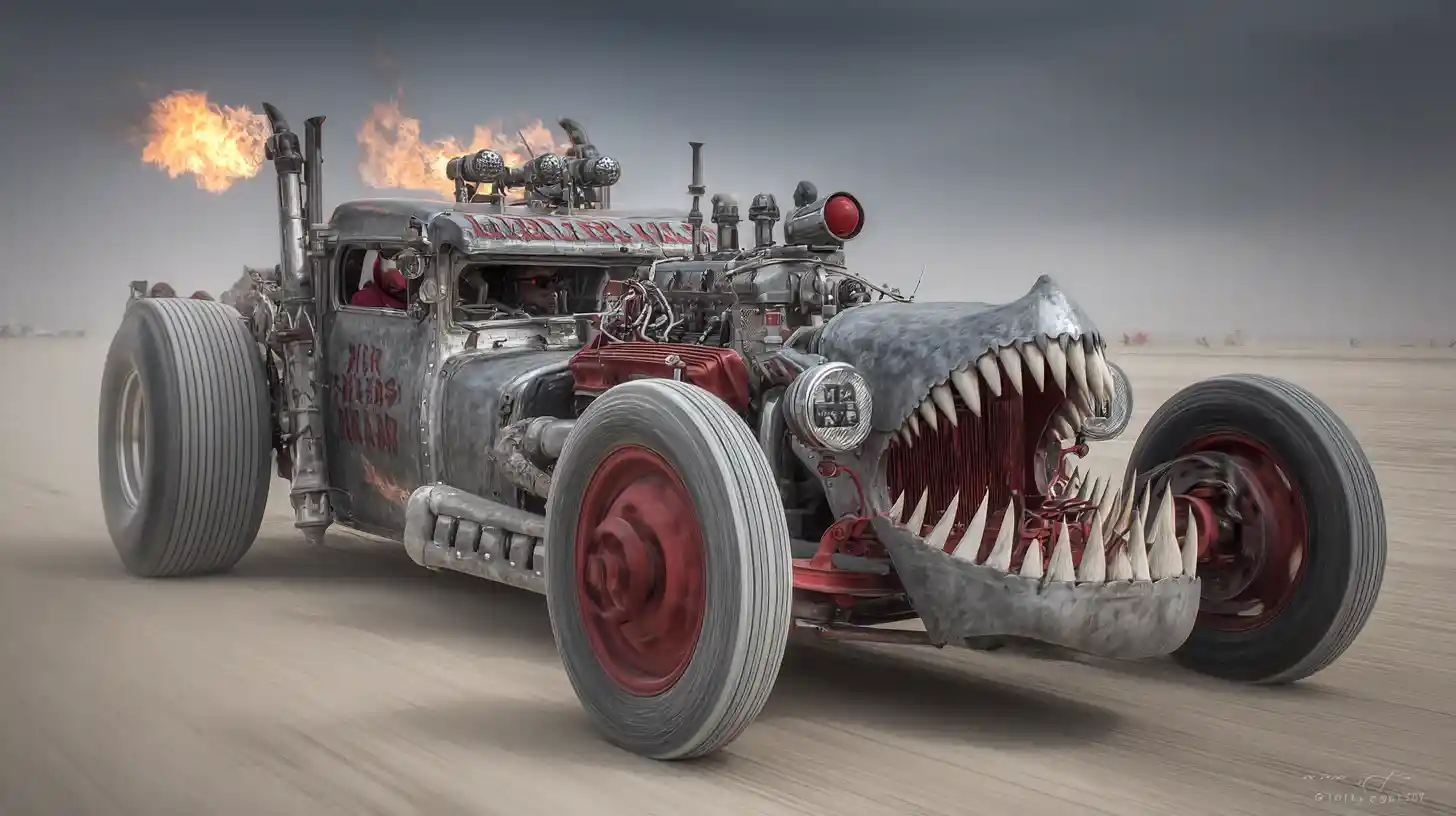 Demonic hot rod engine with demon driver on desert highway