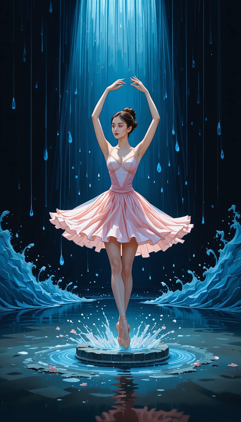 Anmutige Balletttänzerin im rosa Kleid, die durch blauen Regen springt