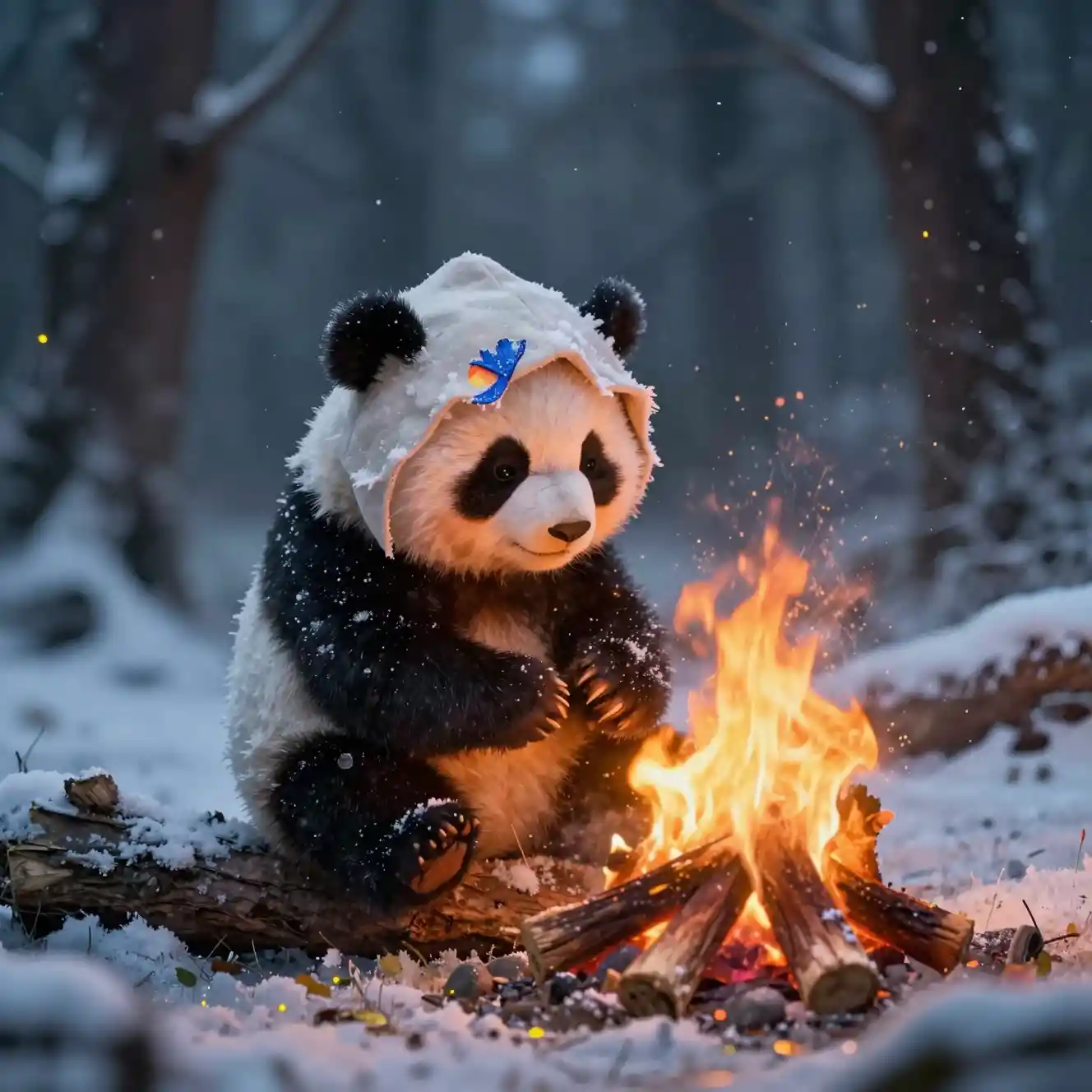 Piccolo panda accanto a un fuoco magico in una foresta innevata