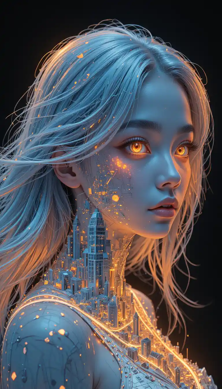 Anime bride with flowing platinum hair cityscape