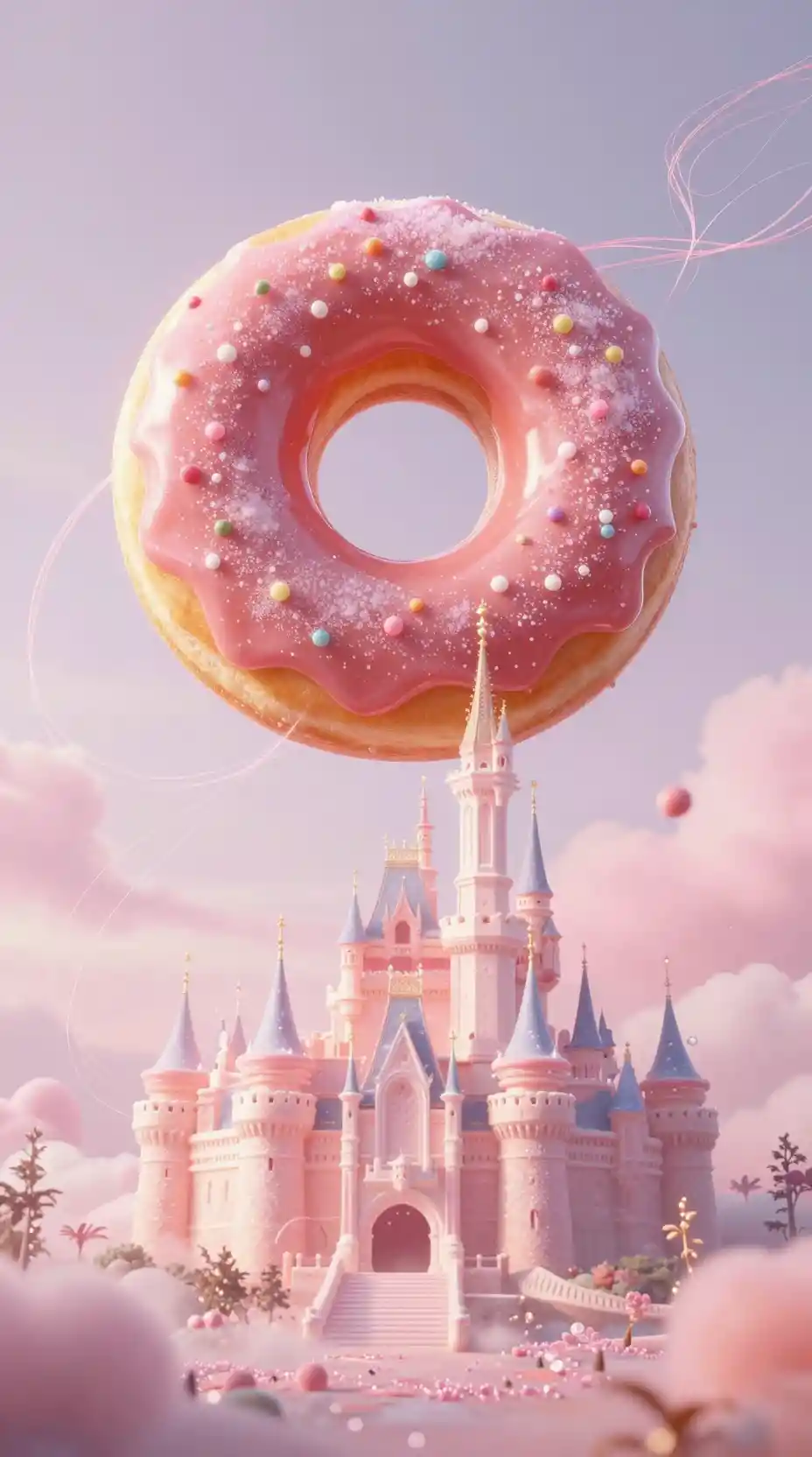 Floating donut realm bathed in a soft pink aura