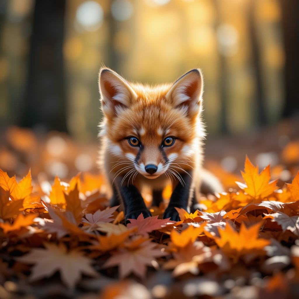 Young red fox pouncing on orange maple leaves in forest