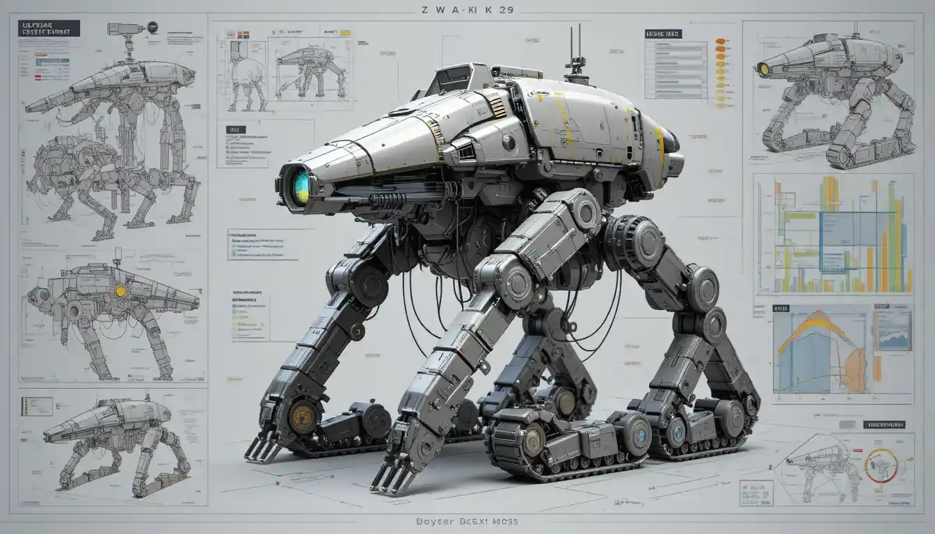 Futuristic urban warfare mech in technical 3D blueprint