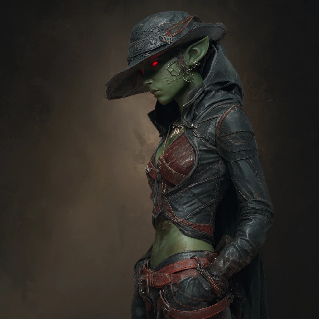Dark fantasy goblin rogue girl with red eyes