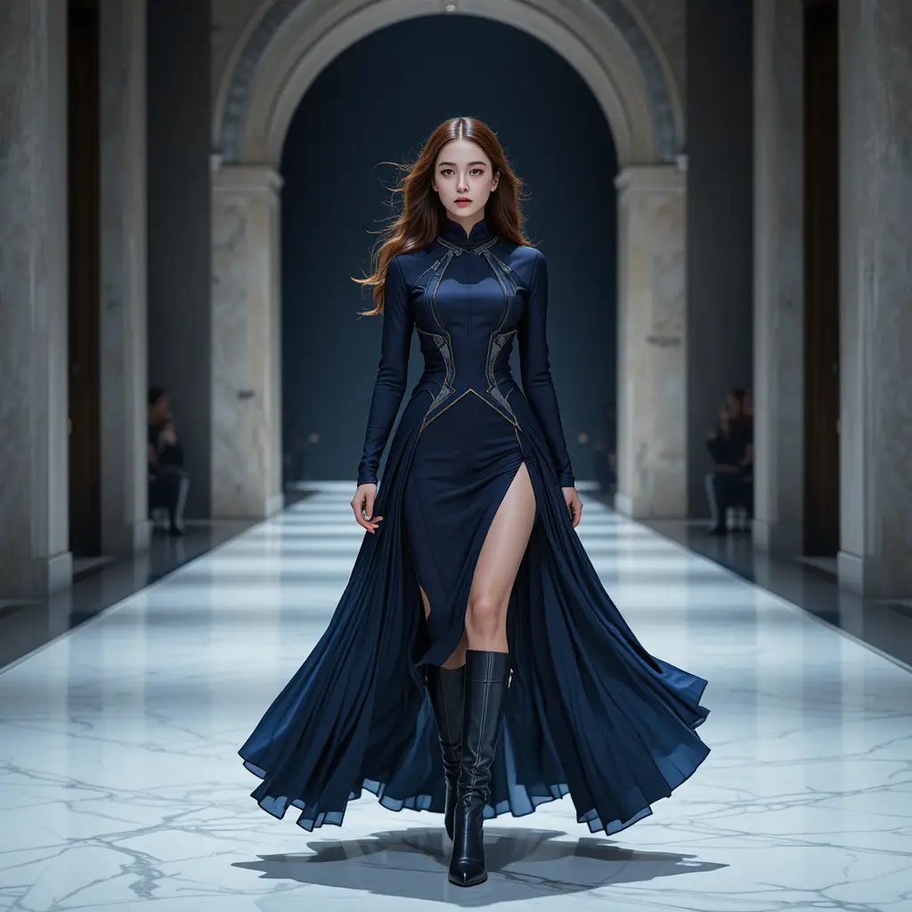 Confident Korean model in navy geometric couture gown