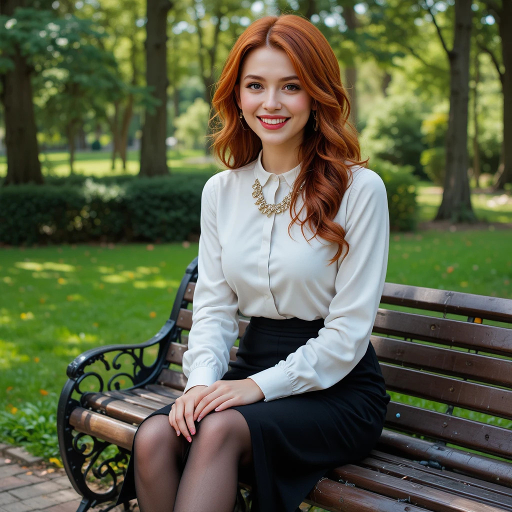 Red haired woman sitting on a park bench in heels